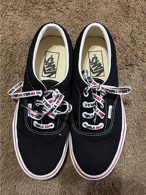Vans Black Canvas Sneakers with White and Red Accents used twice